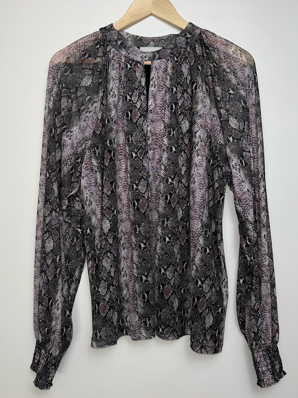 ALLISON JOY x EVEREVE Long Sleeve Mock Neck Keyhole Blouse in Snakeskin Print